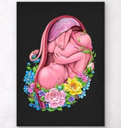 Codex Anatomicus Obstetrics & Gynecology^Fetus in a womb - Floral - Black