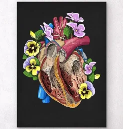 Codex Anatomicus Heart Anatomy^Heart with flowers II - Black
