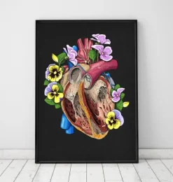 Codex Anatomicus Heart Anatomy^Heart with flowers II - Black