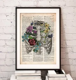 Codex Anatomicus Skull & Skeleton^Rib cage with flowers - Old dictionary page