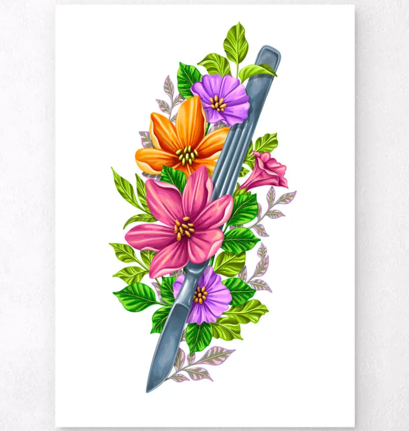 Codex Anatomicus Heart Anatomy^Scalpel with flowers - White